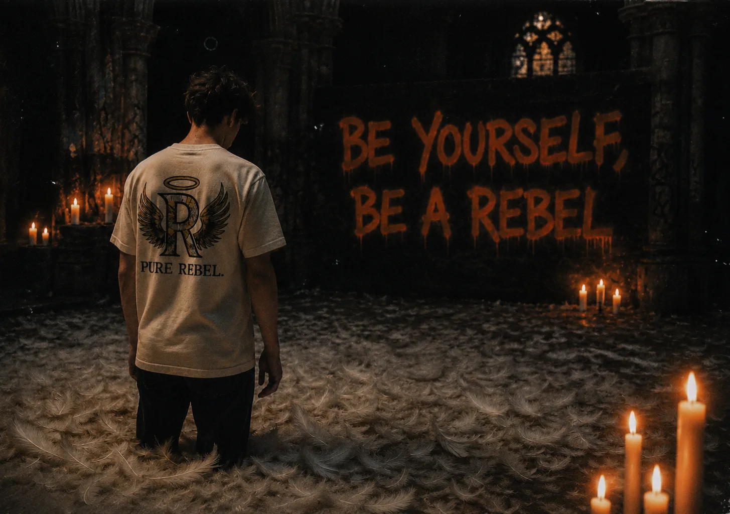 Model van achteren in het Shirt Natural Raw — de gevleugelde R met halo en het woordmerk PURE REBEL op de rug — in een kaarsverlichte kathedraal bezaaid met veren, tegenover de muurtekst “Be yourself, be a rebel”.